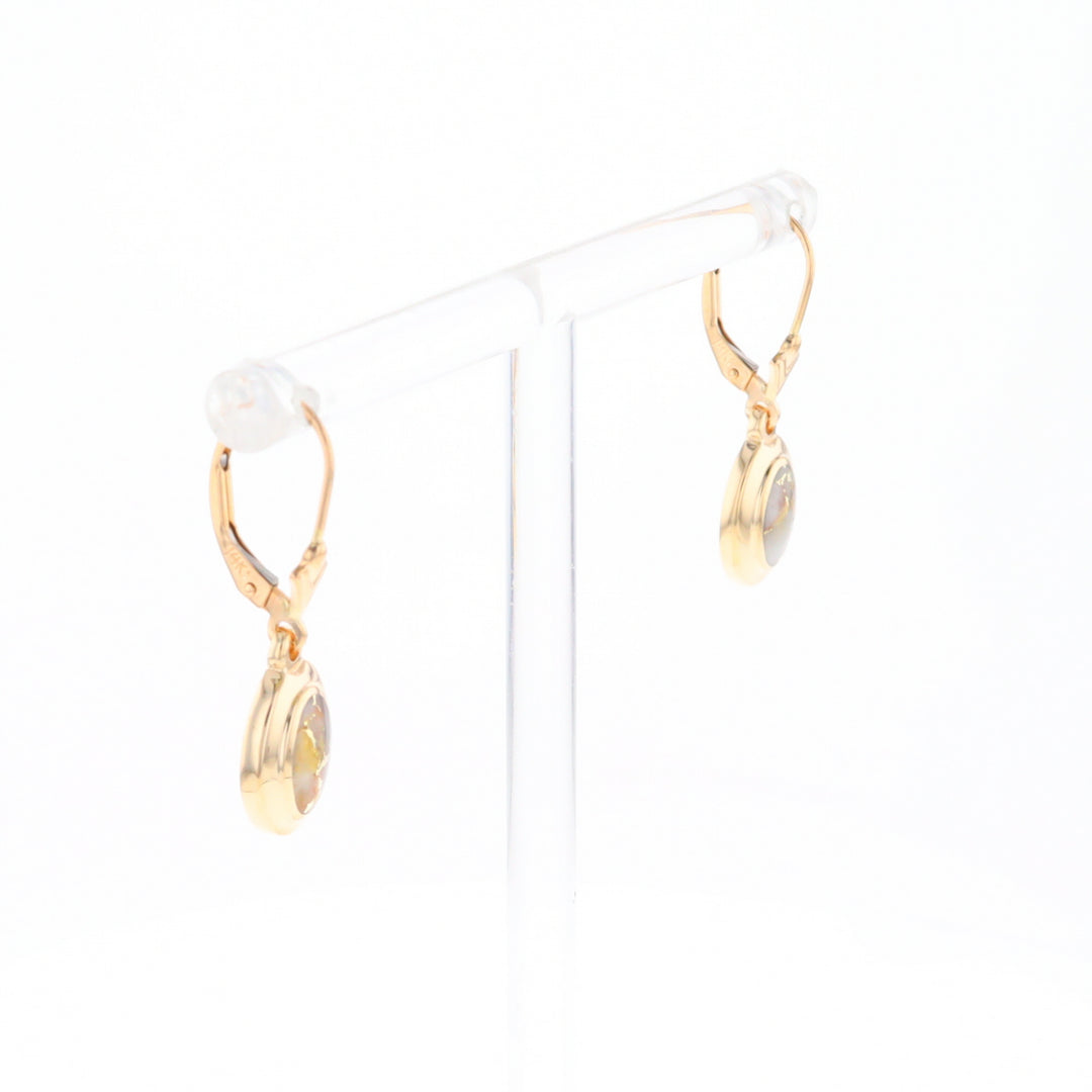 Gold Quartz Earrings Oval Inlaid Design Lever Backs - G2