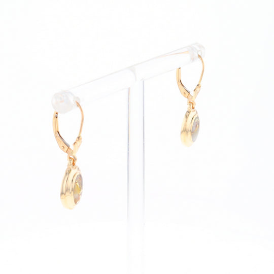 Gold Quartz Earrings Oval Inlaid Design Lever Backs - G2