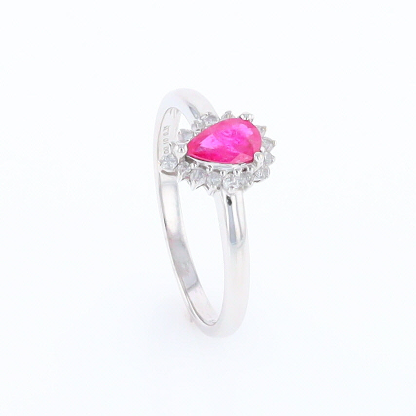 Natural Pear Cut Ruby with Diamond Halo 18K White Gold