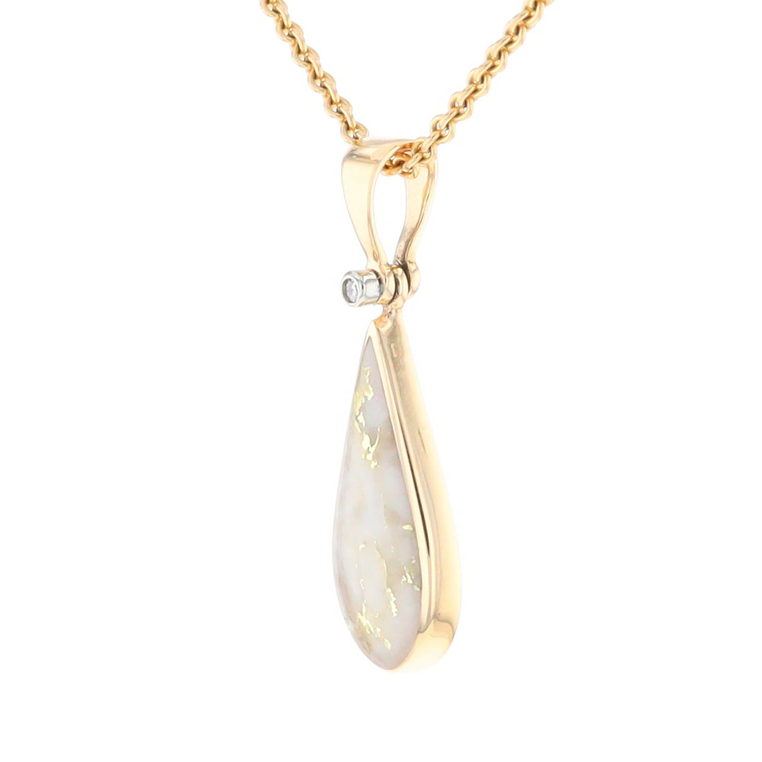 Gold Quartz Necklace Tear Drop Inlaid Pendant with .02ct Diamond