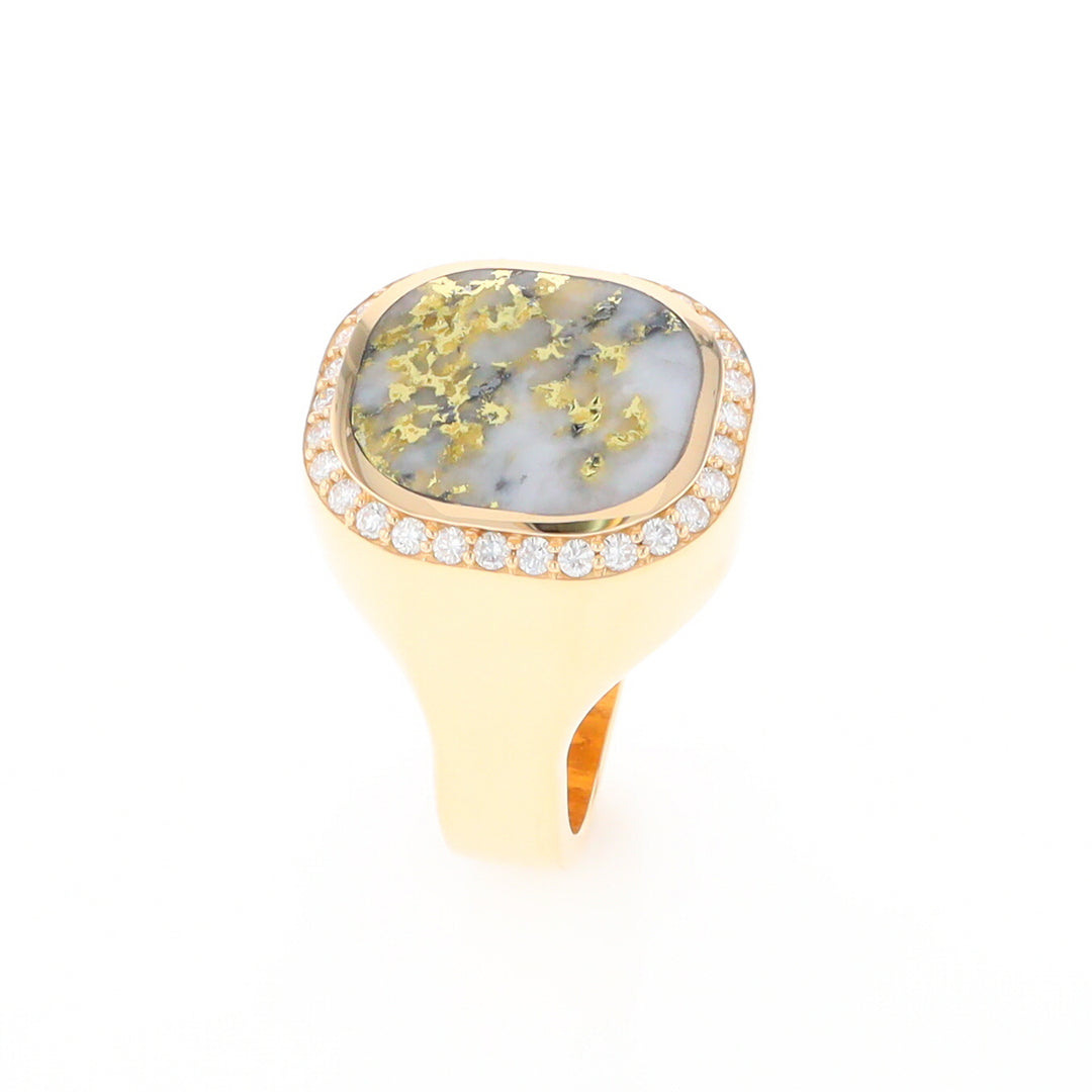 Gold Quartz Cushion Inlaid Men's Ring with Diamond Halo