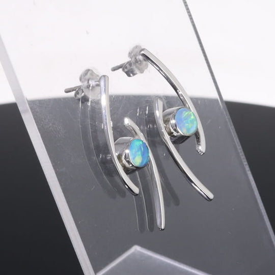 Opal Earrings Round Inlaid Double Curved Bar Design Studs