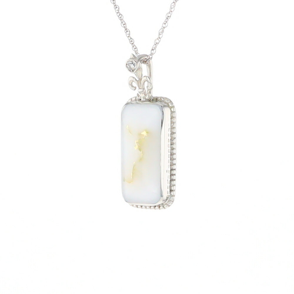 Gold Quartz Necklace, Rectangle Inlaid Fleur De Lis Design with .02ctw Diamond Pendant