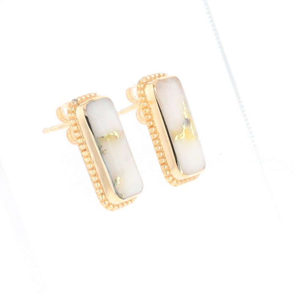 Gold Quartz Earrings Rectangle Inlaid Milgrain Design - G2