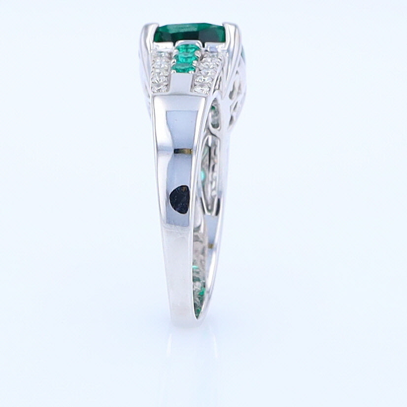 14K White Gold Synthetic Emerald Ring with Diamonds