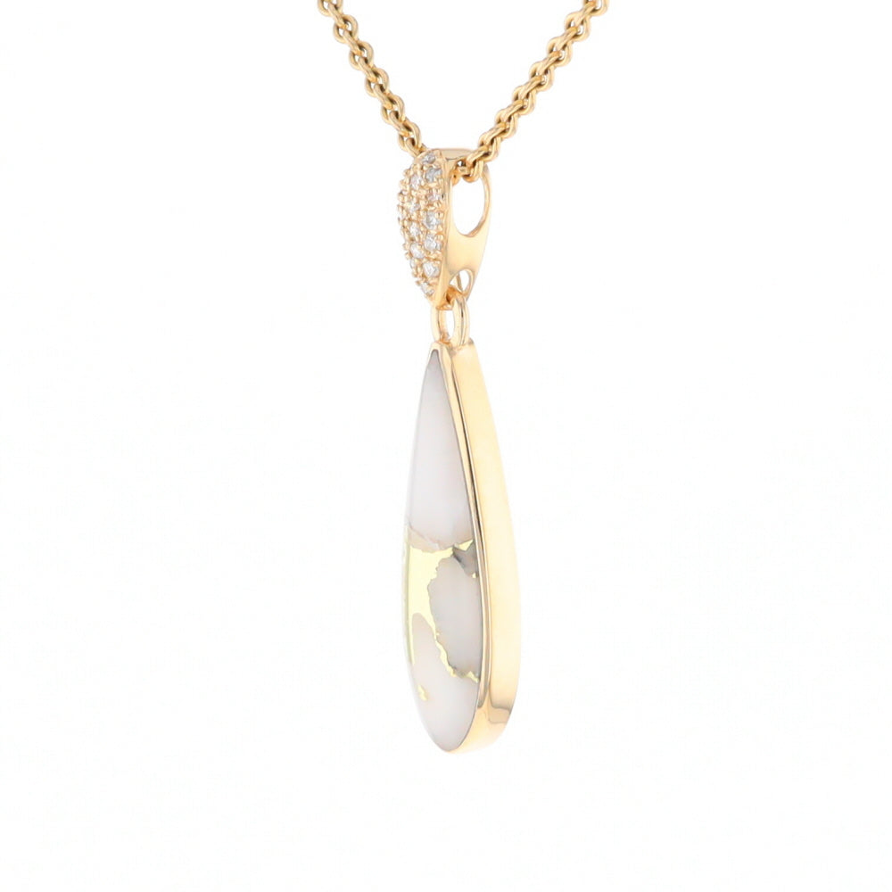 Gold Quartz Necklace, Tear Drop Inlaid Design with 0.11ctw Diamond Pave Pendant G2