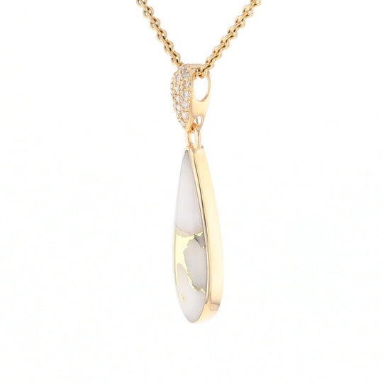 Gold Quartz Necklace, Tear Drop Inlaid Design with 0.11ctw Diamond Pave Pendant G2