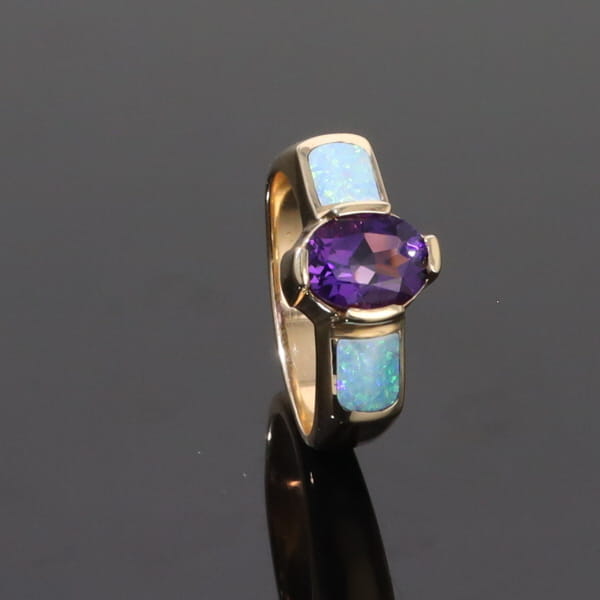 Opal Rings 2 Section Inlaid Design with Oval Amethyst Center
