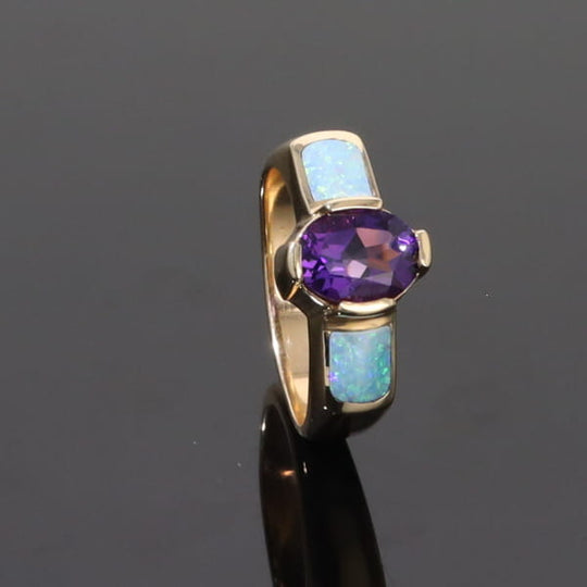Opal Rings 2 Section Inlaid Design with Oval Amethyst Center