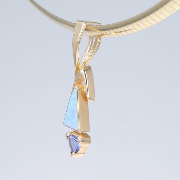 Opal Pendant Triangle Inlaid Design with Trillion Cut Tanzanite