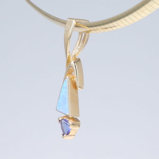 Opal Pendant Triangle Inlaid Design with Trillion Cut Tanzanite