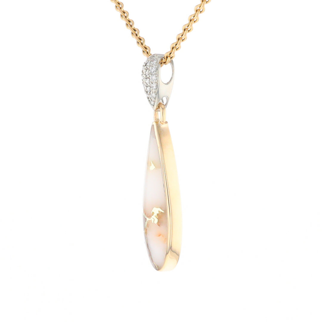 Gold Quartz Necklace, Tear Drop Inlaid Design with .11ctw Diamond Pave Pendant