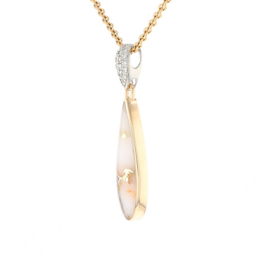 Gold Quartz Necklace, Tear Drop Inlaid Design with .11ctw Diamond Pave Pendant