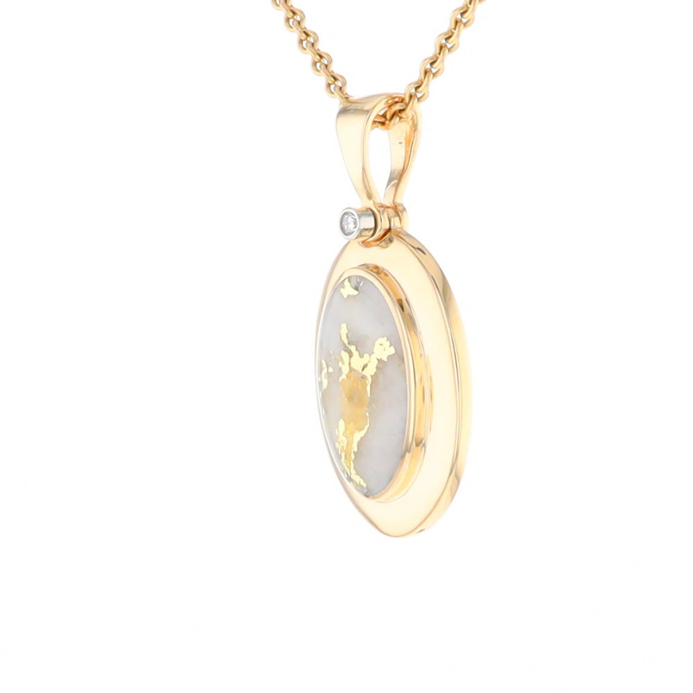 Gold Quartz Necklace Oval Inlaid Pendant with a .02ct Diamond