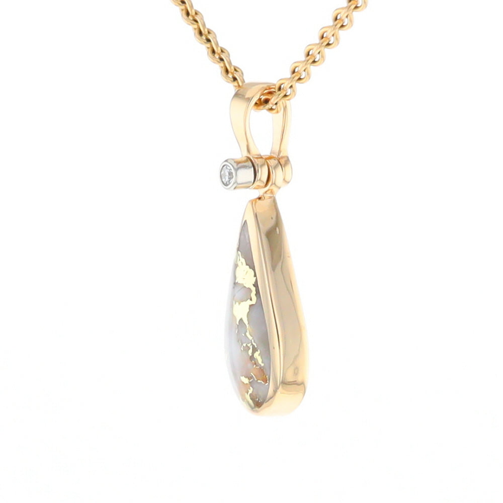 Gold Quartz Necklace Tear Drop Inlaid Pendant with .02ct Diamond