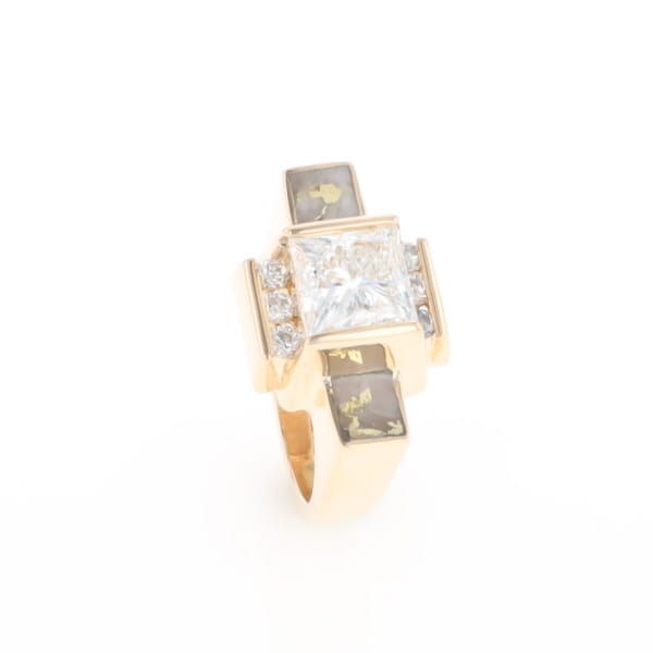 Princess Cut Diamond Gold Quartz 2-Square Inlaid Ring