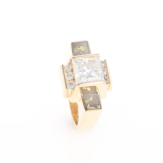 Princess Cut Diamond Gold Quartz 2-Square Inlaid Ring
