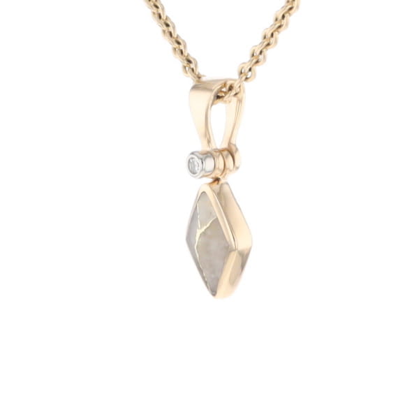 Gold Quartz Necklace Diamond Shape Inlaid Pendant with .02ct Diamond