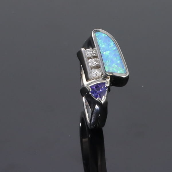 Opal Rings Geometric Inlaid Design with Tanzanite and .08ctw Diamonds
