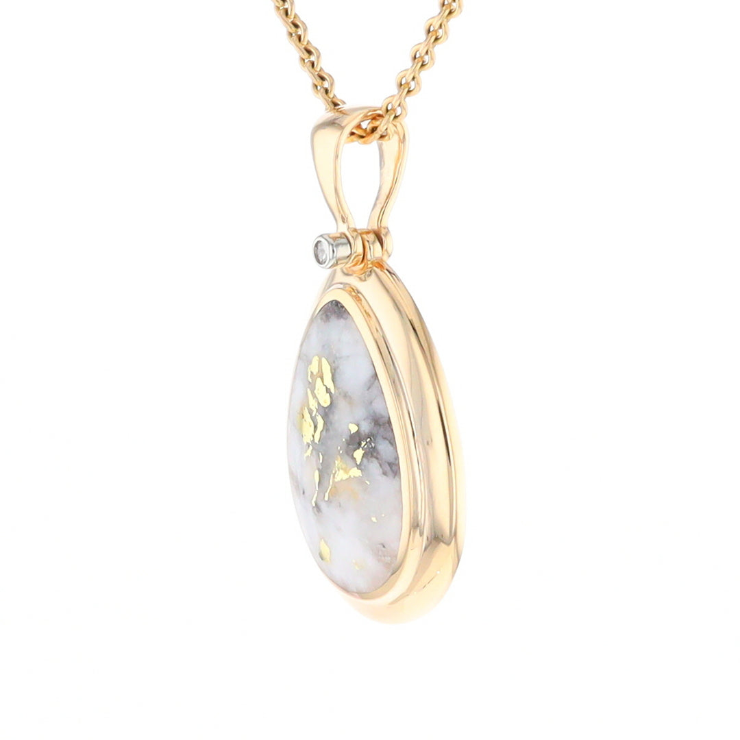 Gold Quartz Necklace Pear Shape Inlaid Pendant with .02ct Diamond