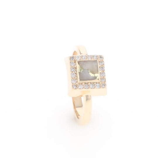 Gold Quartz Ring Square Inlaid Halo .14ctw Diamonds Design