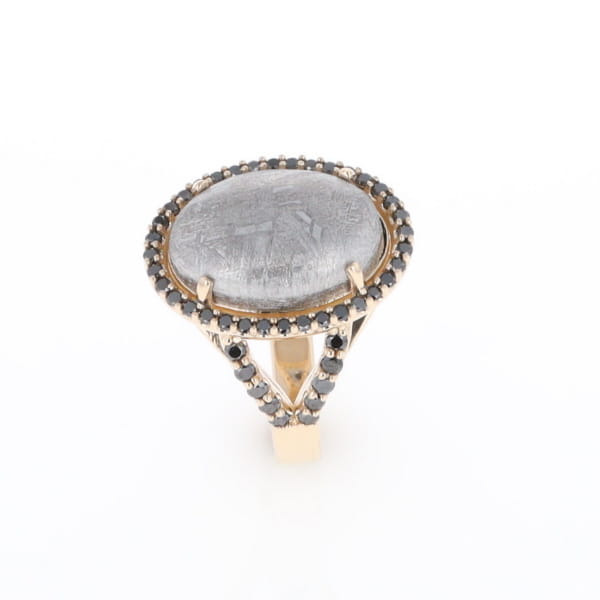 Meteorite Ring Oval Cabochon 0.65ctw Round Black Diamonds Halo