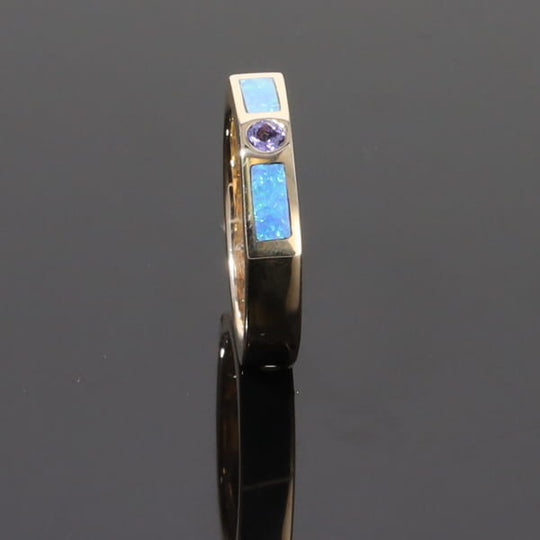 Opal Rings 2 Section Inlaid Design with Round Tanzanite