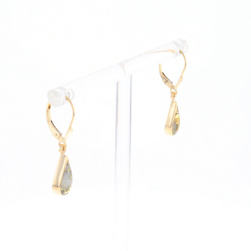 Gold Quartz Earrings Tear Drop Inlaid Lever Backs