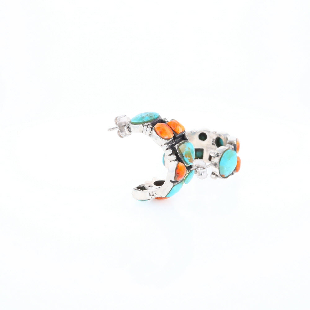 Turquoise & Spiny Oyster Semi-Hoop Stud Earrings