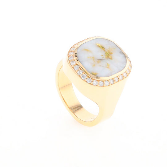 Gold Quartz Cushion Inlaid Men's Ring with Diamond Halo