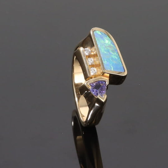 Opal Rings Geometric Inlaid with Tanzanite and .08ctw Round Diamonds