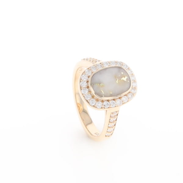 Rectangular Gold Quartz Inlaid Ring with 0.65ctw Diamond Halo