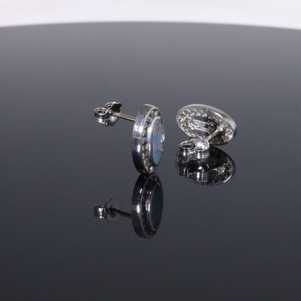 Opal Earrings Oval Inlaid with .25ctw Round Diamond Halo Studs