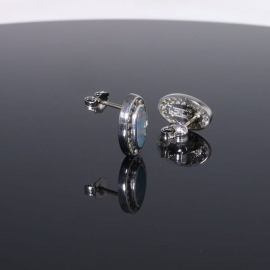 Opal Earrings Oval Inlaid with .25ctw Round Diamond Halo Studs