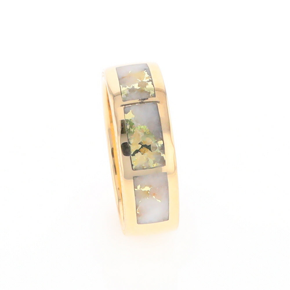 Gold Quartz Ring 3 Section Rectangle Inlaid Band with Milgrain Design