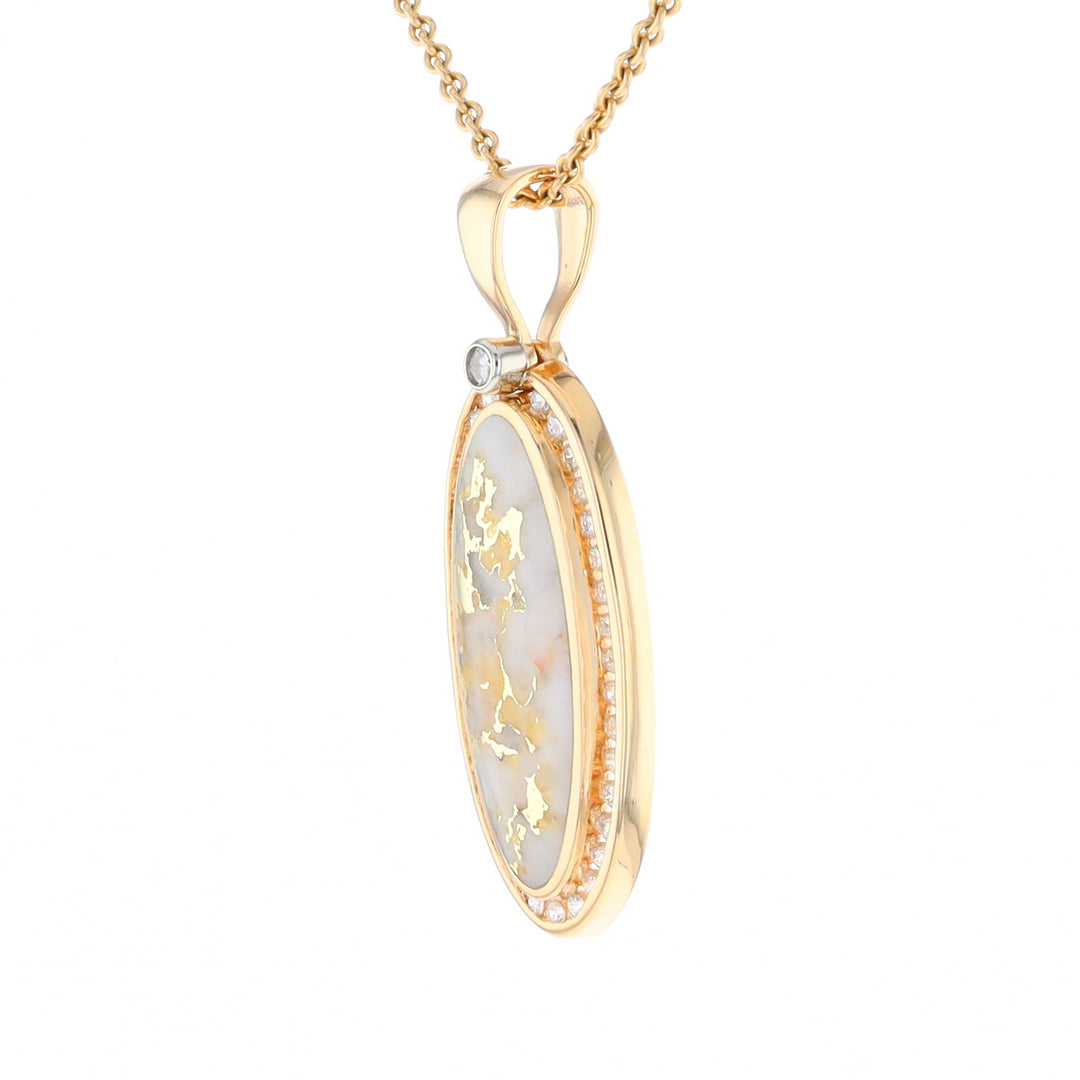 Gold Quartz Necklace .54ctw Halo Diamond Oval Inlaid Pendant