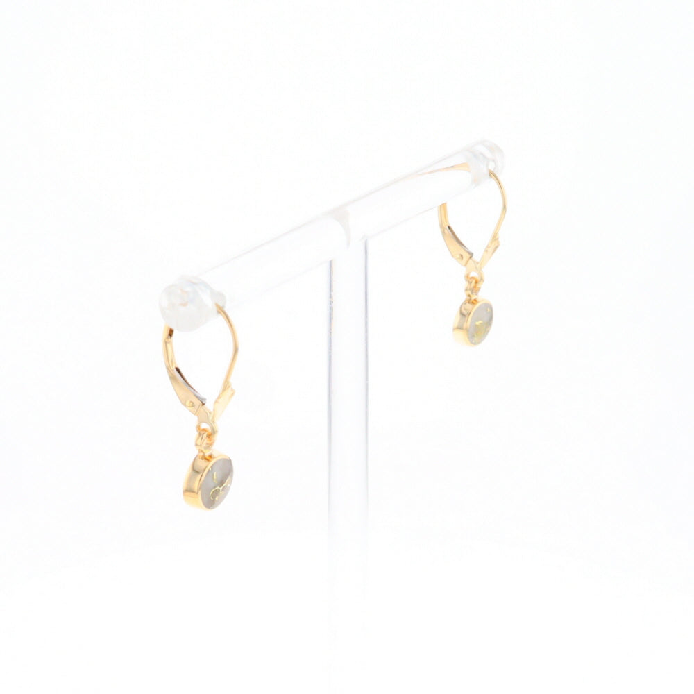 Gold Quartz Earrings Round Inlaid Design Lever Backs