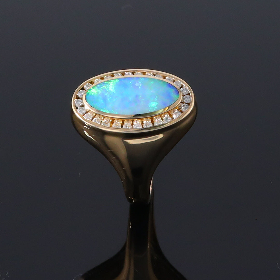 Opal Rings Oval Inlaid Design with .36ctw Round Diamonds Halo