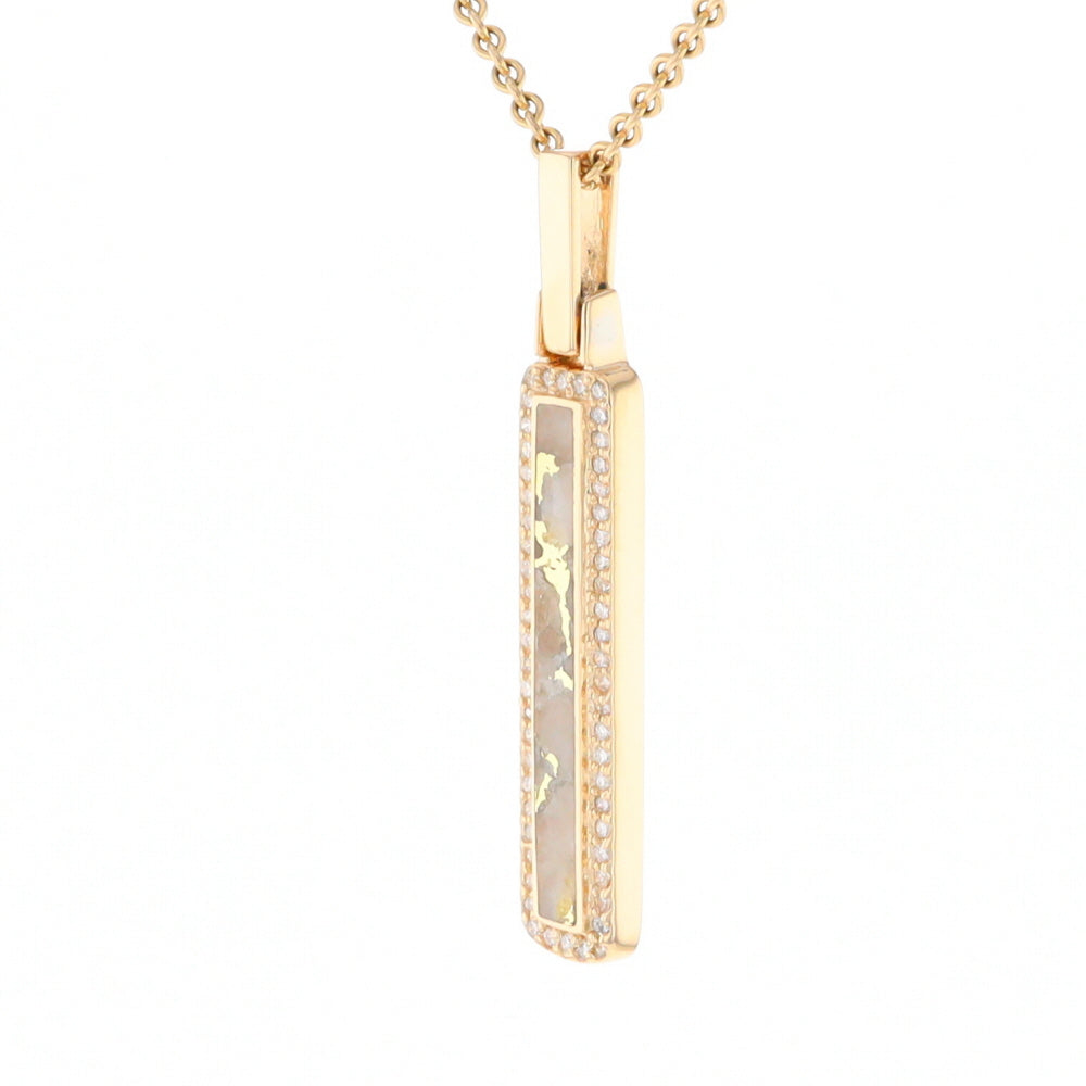 Gold Quartz Necklace, Rectangle Inlaid, .27ctw Diamond Halo Pendant