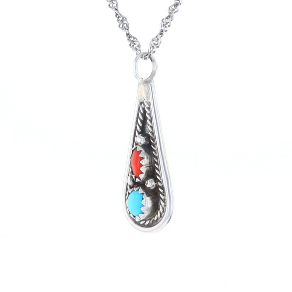 Native Turquoise & Coral Teardrop Pendant