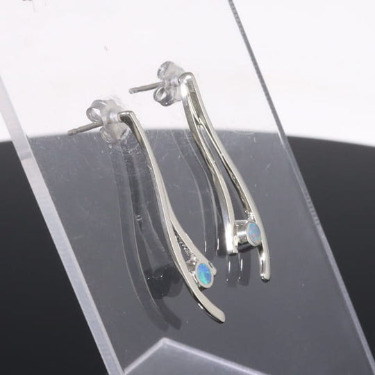 Opal Earrings Round Inlaid Double Curved Bar Design Studs