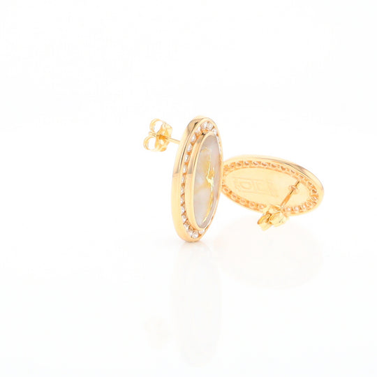 Gold Quartz Earrings Oval Inlaid Design .73ctw Round Diamonds Halo