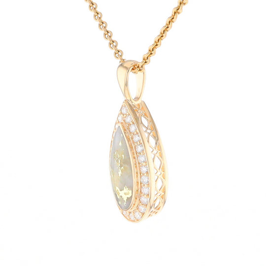 Gold Quartz Pendant Tear Drop Inlaid .42ctw Diamond Halo Design