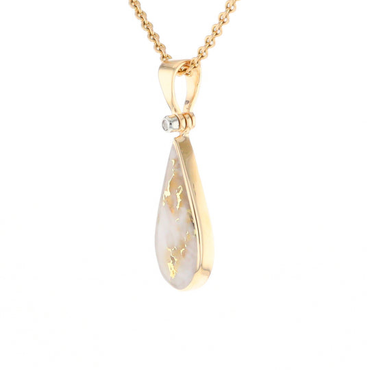 Gold Quartz Necklace Tear Drop Inlaid Pendant with .02ct Diamond