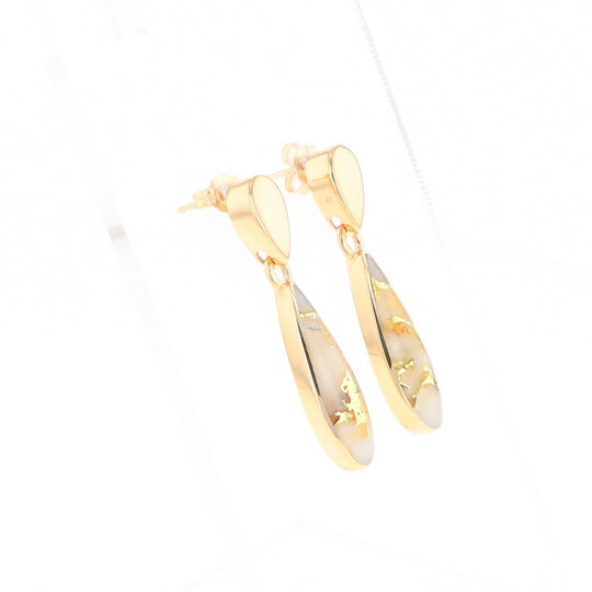 Gold Quartz Earrings Tear Drop Inlaid Design