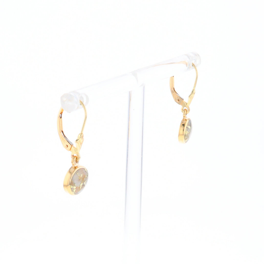 Gold Quartz Earrings Round Inlaid Design Lever Backs