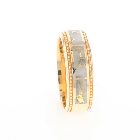 Gold Quartz Ring 3 Section Rectangle Inlaid Milgrain Border Band