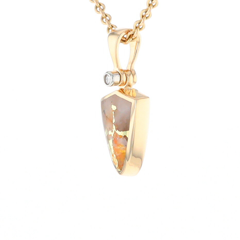 Gold Quartz Necklace Shield Shape Inlaid Pendant with .02ct Diamond