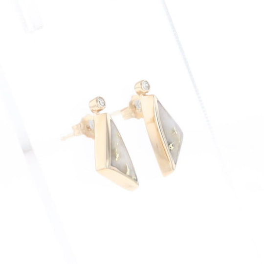 Gold Quartz Earrings Triangle Shape Inlaid with .04ct Round Diamonds - G2
