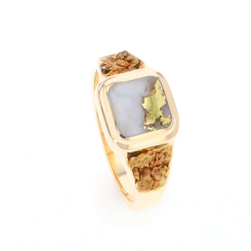 Gold Quartz Ring Square Inlaid Design Double Natural Nugget Sides